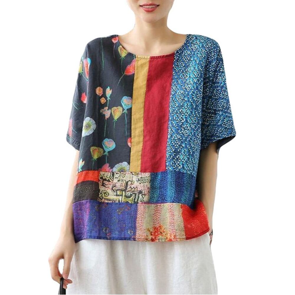 NWOT BUYKUD Top L Linen Patchwork Floral Stripe Multi-Color&Print Short-Sleeve